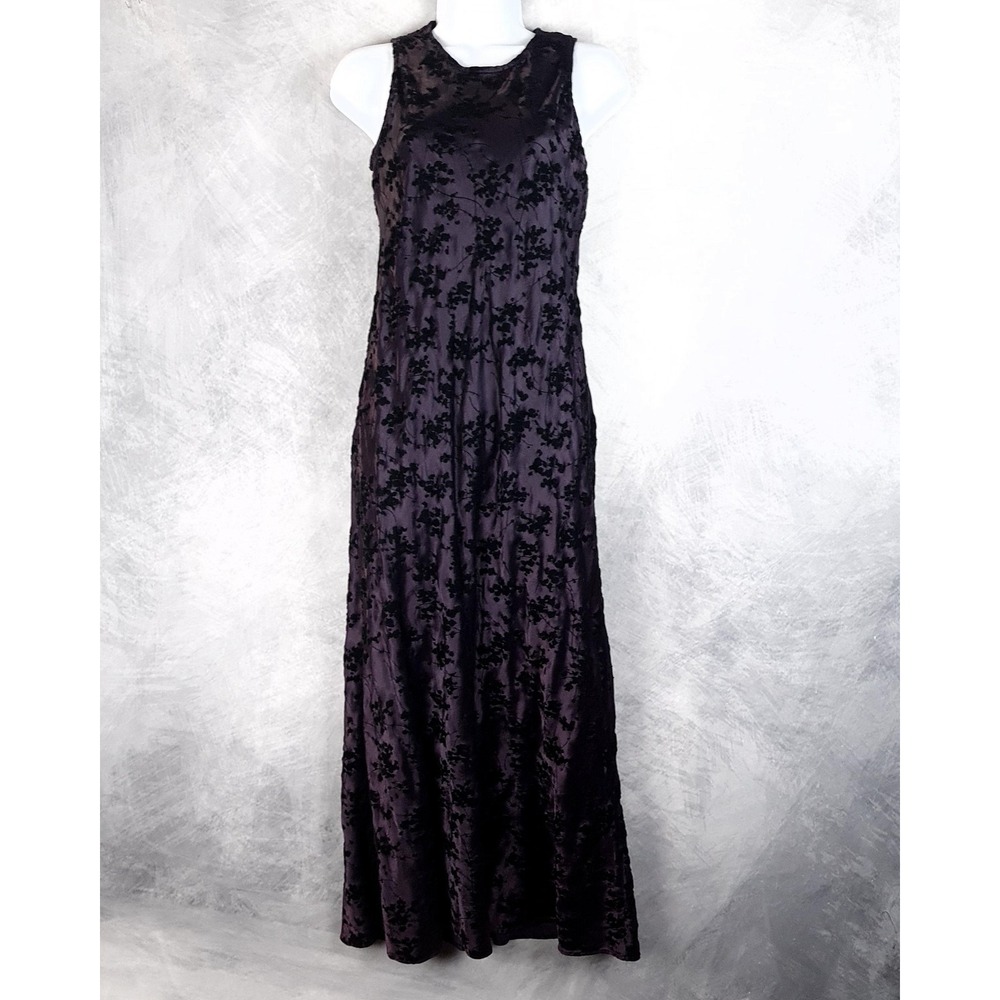 Vintage Y2K Fairy Goth Dress Womens Medium Purple Satin Floral Flocked Maxi